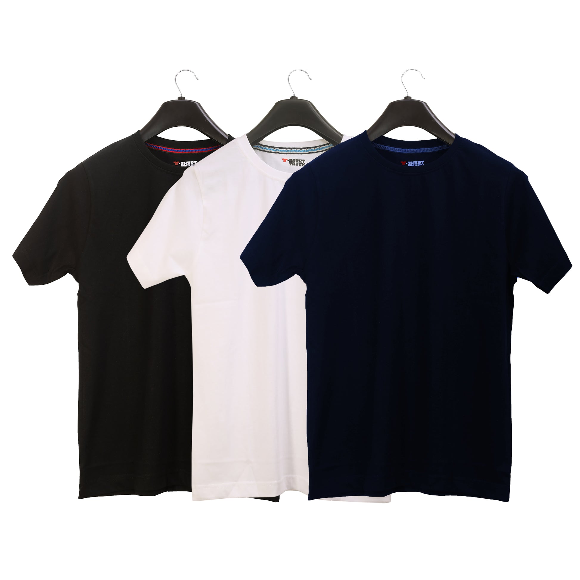 Unisex Round Neck Plain Solid Combo Pack of 3 T-shirts Black, White & Blue