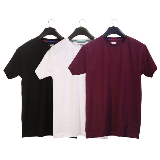 Unisex Round Neck Plain Solid Combo Pack of 3 T-shirts Black, White & Maroon