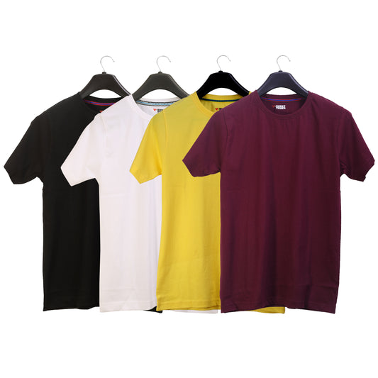 Unisex Round Neck Plain Solid Combo Pack of 4 T-shirts Black, Yellow, White & Maroon
