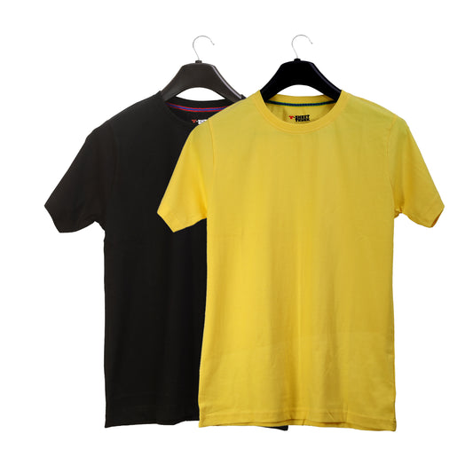 Unisex Round Neck Plain Solid Combo Pack of 2 T-shirts Black & Yellow