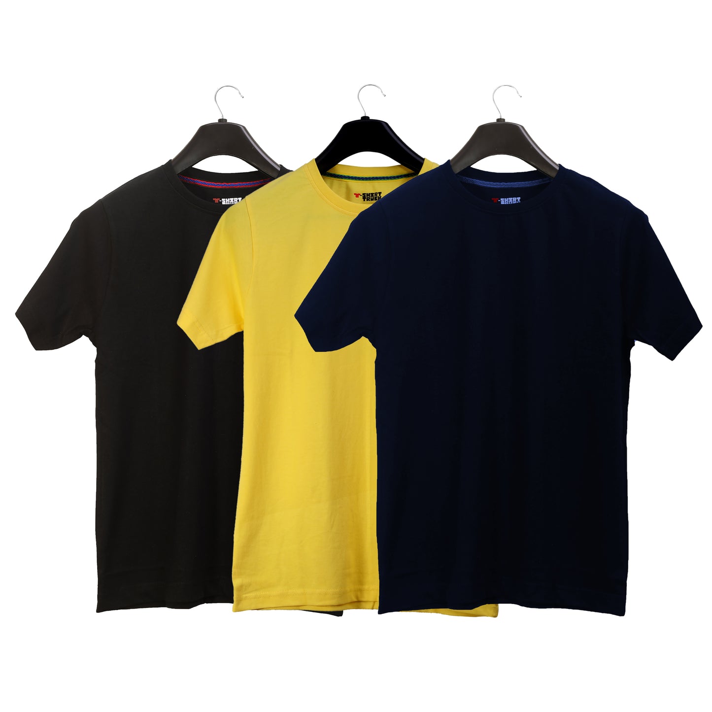 Unisex Round Neck Plain Solid Combo Pack of 3 T-shirts Black, Yellow & Blue