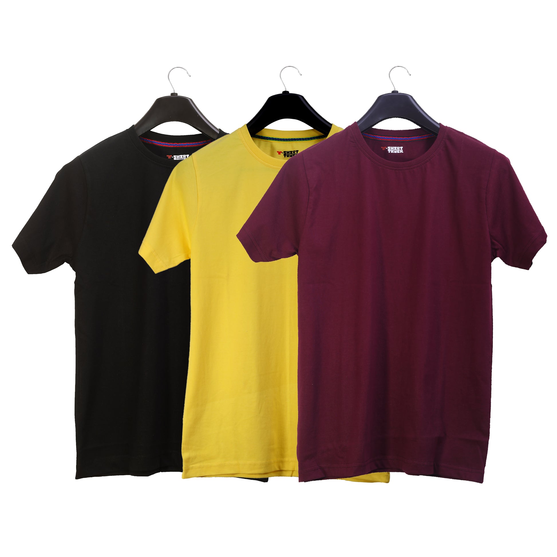 Unisex Round Neck Plain Solid Combo Pack of 3 T-shirts Black, Yellow & Maroon
