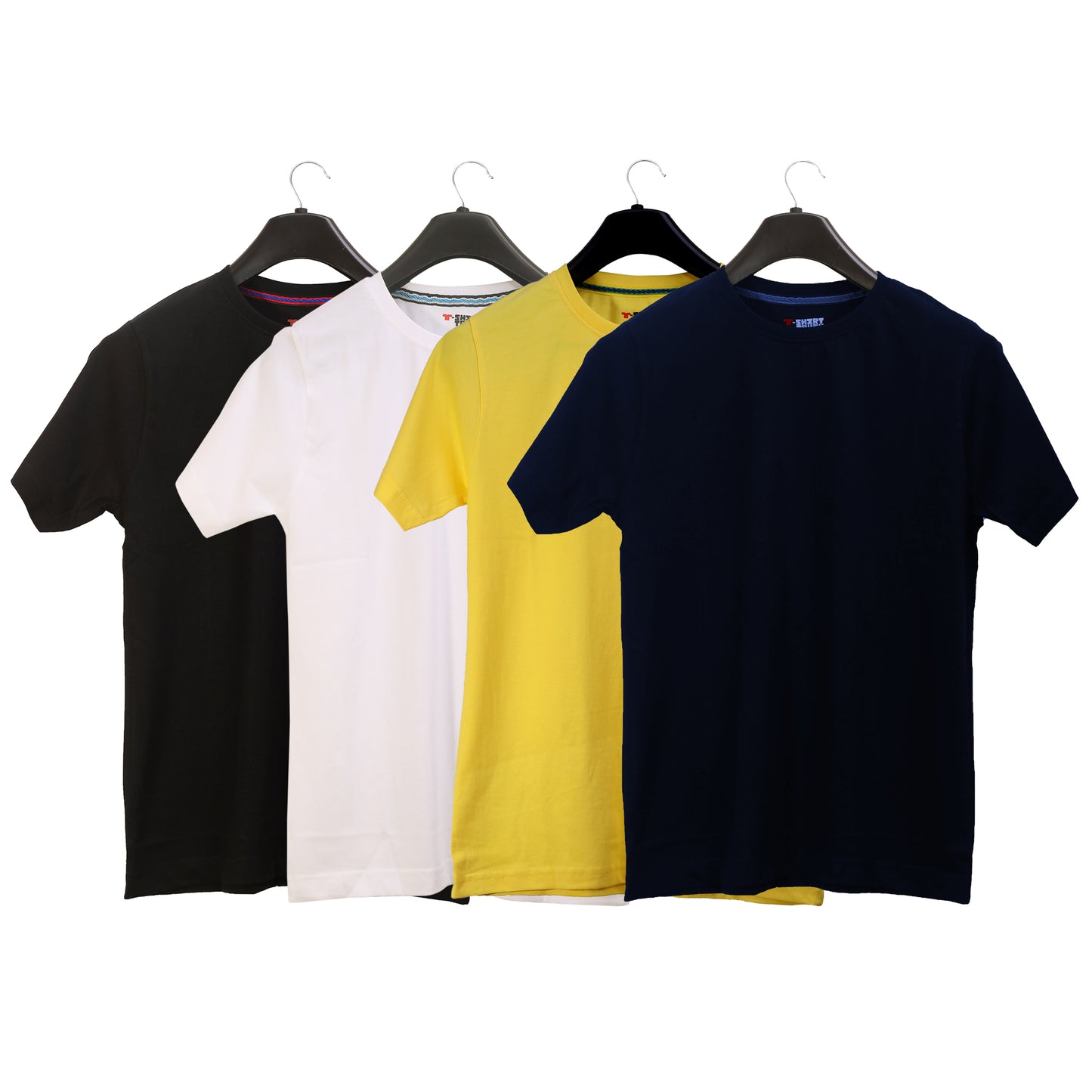 Unisex Round Neck Plain Solid Combo Pack of 4 T-shirts Black, White, Blue & Yellow