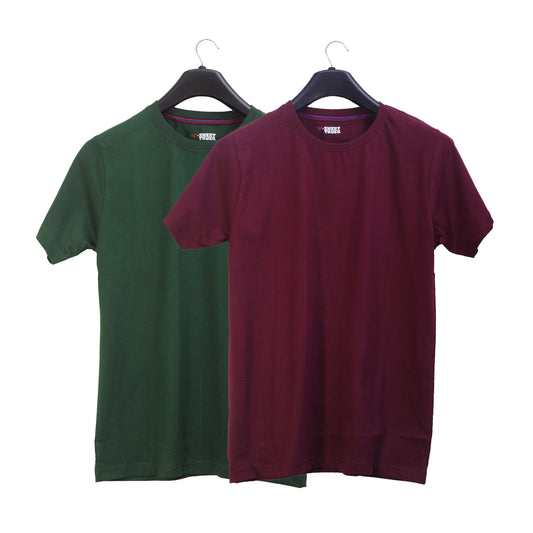 Unisex Round Neck Plain Solid Combo Pack of 2 T-shirts Green & Maroon