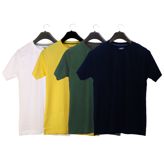 Unisex Round Neck Plain Solid Combo Pack of 4 T-shirts White, Green, Blue & Yellow