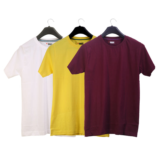 Unisex Round Neck Plain Solid Combo Pack of 3 T-shirts White, Yellow & Maroon