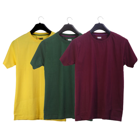 Unisex Round Neck Plain Solid Combo Pack of 3 T-shirts Yellow, Green & Maroon