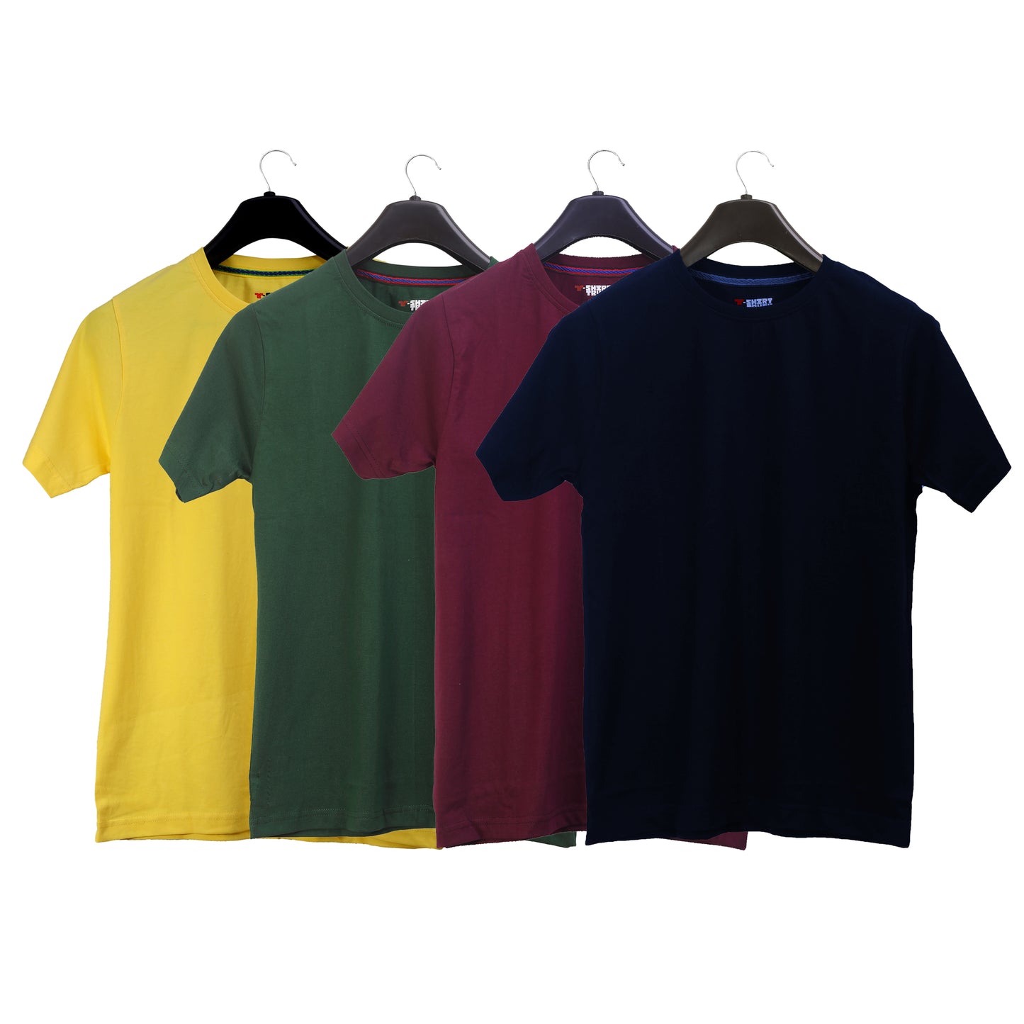 Unisex Round Neck Plain Solid Combo Pack of 4 T-shirts Yellow, Green, Blue & Maroon